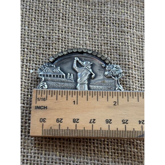 Vintage Silver-Tone Golf Scene Brooch With Rhinestone Accents - Picture 3 of 7